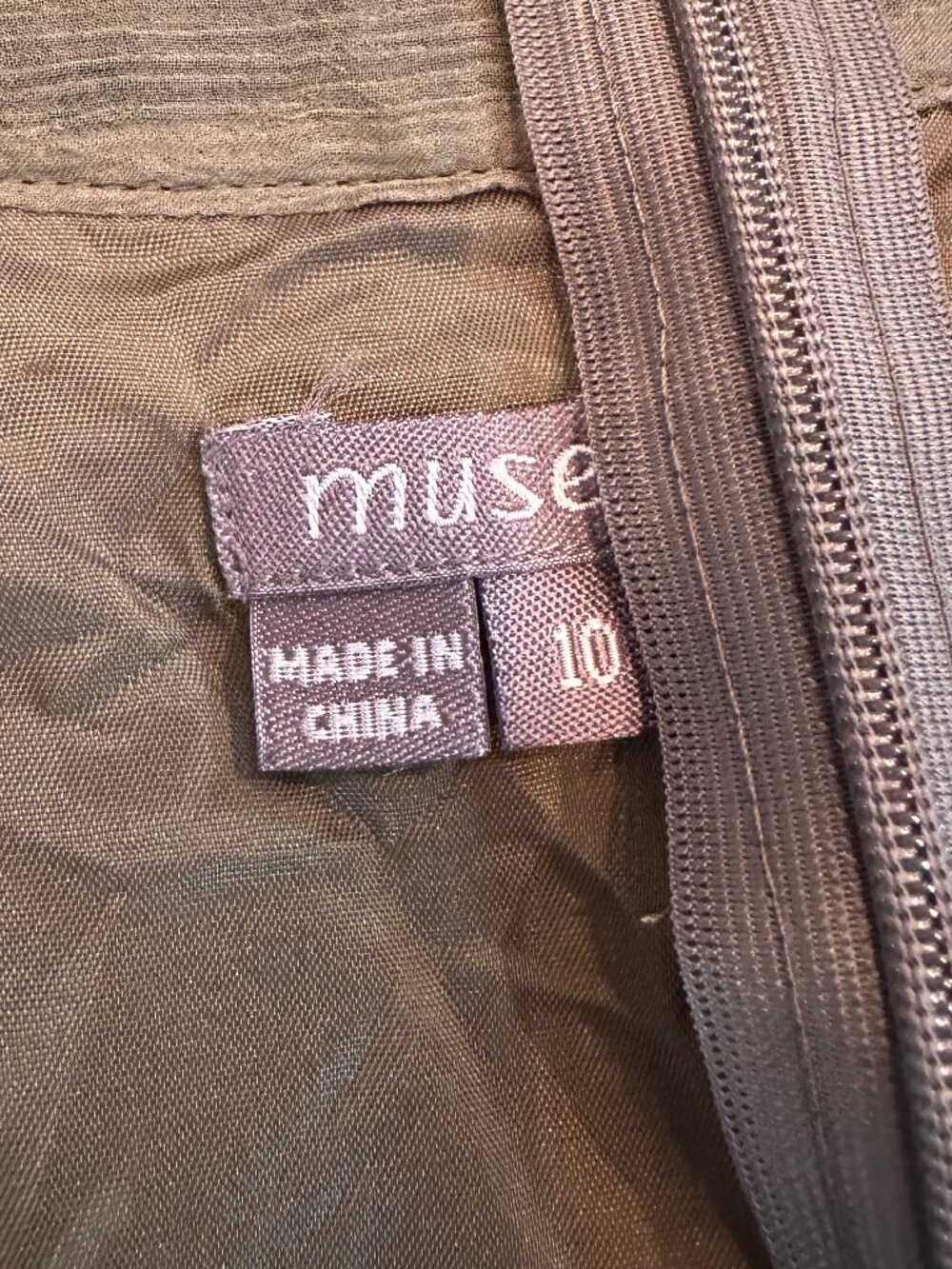 Muse Olive Green 100% Silk Dress | Size 10 | Beaded Neckline | Lined| B-1835 - Picture 10 of 13